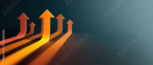 Three glowing orange arrows pointing upward, casting long shadows on a dark gradient background, symbolizing growth, progress, and business success.