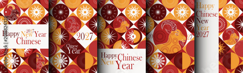 Tableau sur toile Chinese Lunar New Year 2027 vertical banners set with Year of the Fire Goat, Ram zodiac signs geometric patterns