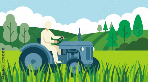 Tableau sur toile Farmer driving a tractor in a green agricultural field illustration