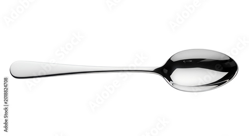 Polished stainless steel spoon isolated on white background for kitchen and dining themes