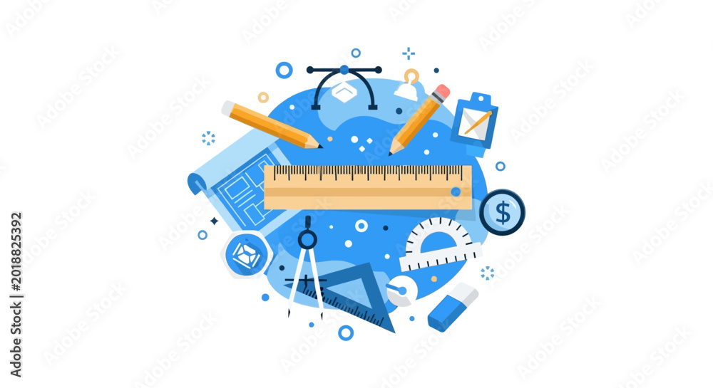 Obraz premium Flat Illustration of Graphic Design Tools, Architectural Instruments, and Creative Workspace Concept on White Background