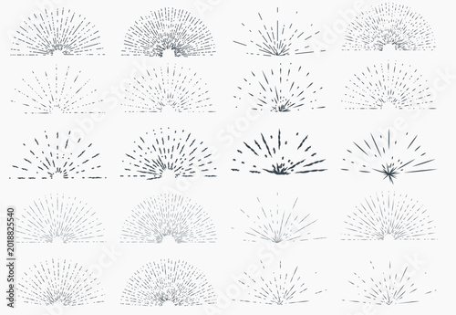 Big Set of vintage hand drawn sunburst rays design elements, halves, explosion, fireworks, black rays illustration