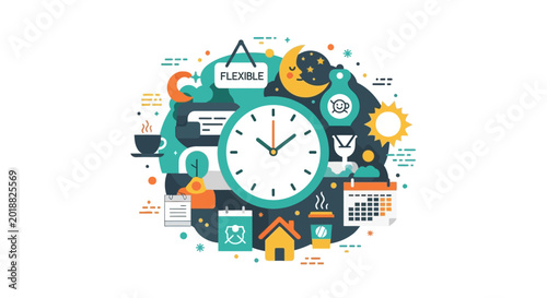 Flexible Working Hours and Time Management Concept Illustration with Clock, Sun, Moon, and Calendar Icons