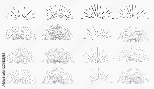 Big Set of vintage hand drawn sunburst rays design elements, halves, explosion, fireworks, black rays illustration