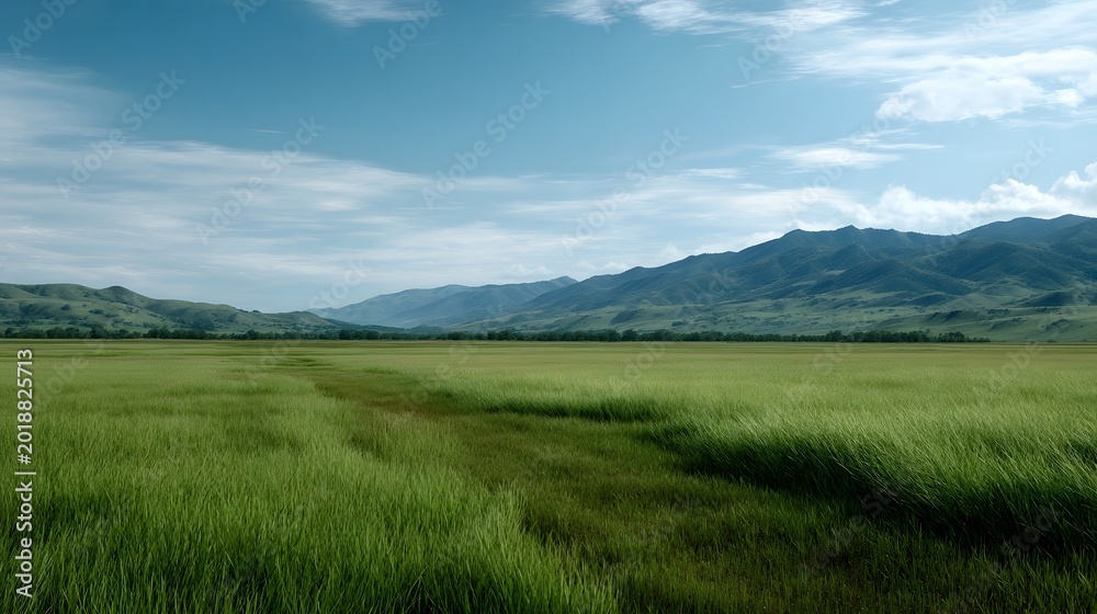 Obraz premium A breathtaking wide view across a lush green field set against a backdrop of rolling mountains and a vast blue sky