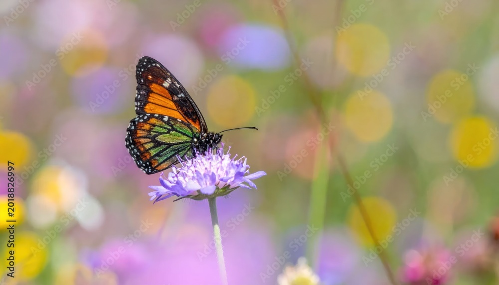 Naklejka premium Close-up of a Monarch Butterfly resting on a delicate purple wildflower in a sun-drenched meadow.