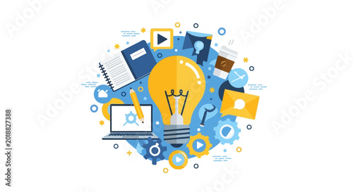 Creative Idea and Innovation Concept: Large Lightbulb Surrounded by Workspace, Technology, and Business Icons in Flat Design Vector