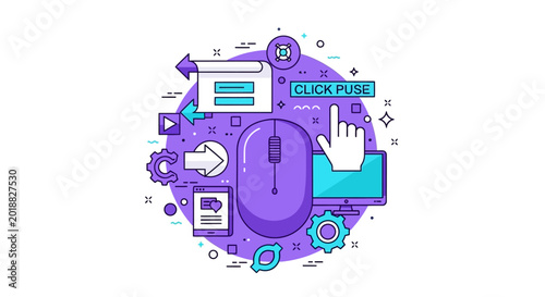 Digital Marketing and UI/UX Design Vector Illustration with Computer Mouse and Mobile Interface Elements