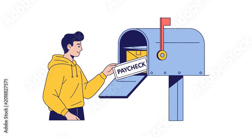 Man in Yellow Hoodie Putting Paycheck into Blue Mailbox Illustration - Personal Finance and Salary Concept