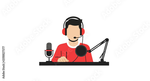 Male Content Creator Podcasting and Live Streaming Illustration with Professional Microphone and Headphones