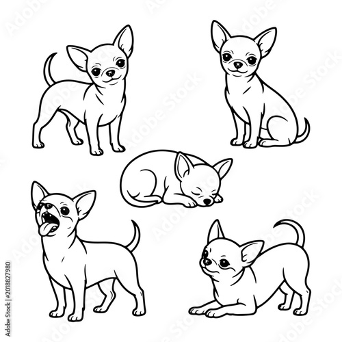 Playful chihuahuas in various poses showcasing their charm and personality in an artistic style