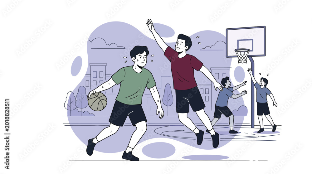 Fototapeta premium Men Playing Basketball on Outdoor City Court Vector Illustration