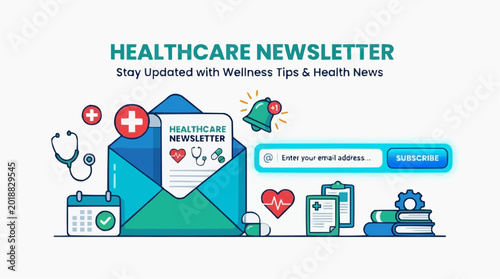 Healthcare Newsletter Subscription: A vibrant, graphic illustration promoting a healthcare newsletter, featuring an envelope with a health-related document, along with elements like a stethoscope.