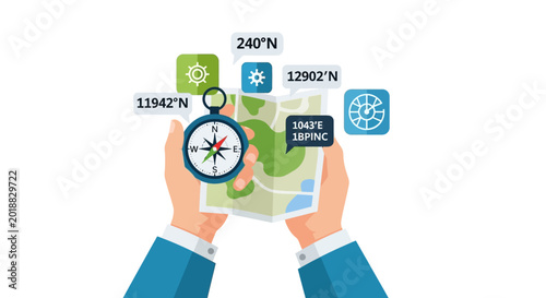 Hands Holding Map and Compass with Digital Navigation Data Icons and Coordinates. Flat Vector Illustration for Travel, Logistics, and Orientation Concept.