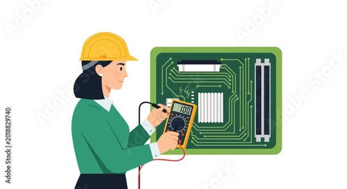 Female engineer in yellow hard hat testing electronic circuit board with digital multimeter. Flat vector illustration of woman technician working on PCB hardware repair.