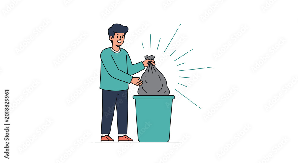 Fototapeta premium Smiling young man responsibly taking out the trash by placing a full gray garbage bag into a green outdoor dustbin at home.