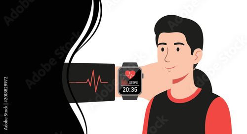 Flat Vector Illustration of a Young Man Monitoring Health Data on a Smartwatch with Heart Rate and Step Tracking for Wellness and Fitness Concepts