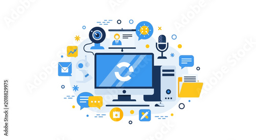 Modern Flat Vector Illustration of Digital Communication, Remote Work Concept, and IT Infrastructure with Computer, Webcam, and Messaging Icons