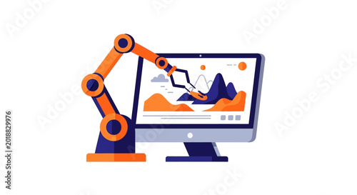 Robotic Arm Creating Digital Art on Computer Screen Illustration, AI Generative Design and Automation Technology Concept