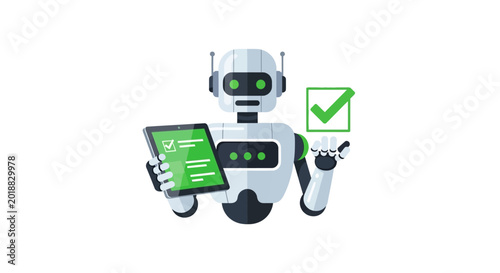 AI Robot Holding Tablet with Digital Checklist and Checkmark Symbol, Concept of Automated Task Completion and Quality Verification