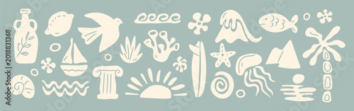 Summer boho element set. Hand drawn sea, palm tree, seashells, sun, flowers, vase, wave, bird, tropical leaves in naive style. Tropical print, ocean travel  and vacation beach. Vector illustration.