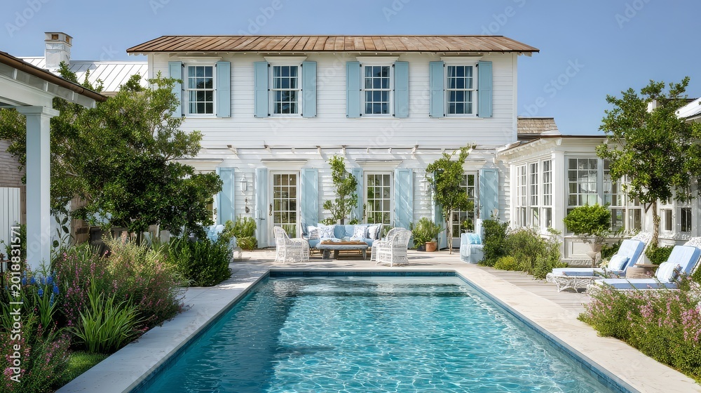 Fototapeta premium Coastal-Style Luxury Home with Pale Blue Shutters and Bright Backyard Pool, Authentic Materials and Natural Lighting for Realistic Summer Property Photography