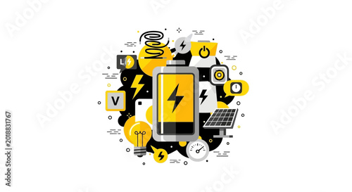 Modern Energy Storage and Renewable Power Concept Illustration featuring Battery, Solar Panels, and Electricity Icons for Sustainable Technology and Green Energy Solutions