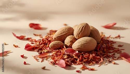 Panoramic View of Moroccan Argan Nuts and Dried Red Petals on a Neutral Earthy Background