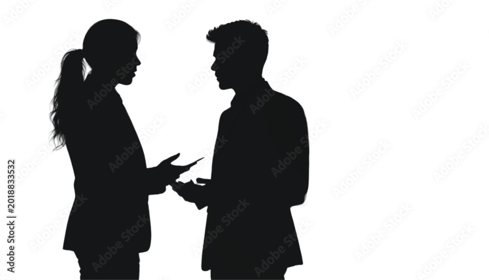 Fototapeta premium Businesswoman and businessman stand together while talking about a new professional project plan.