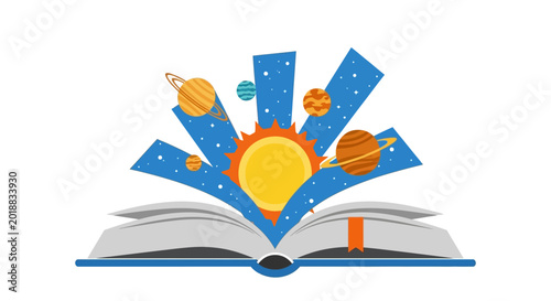 Educational Illustration of an Open Book with Solar System Planets and Sun Emerging from Pages
