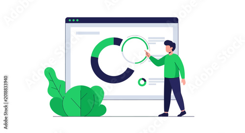 Business Analyst Analyzing Data Dashboard with Donut Charts and Performance Metrics Flat Vector Illustration