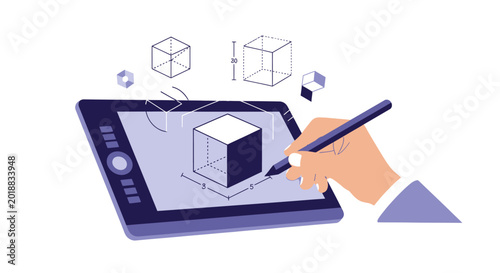 Graphic Designer Hand Using Stylus Pen to Create 3D Isometric Models on Digital Graphics Tablet