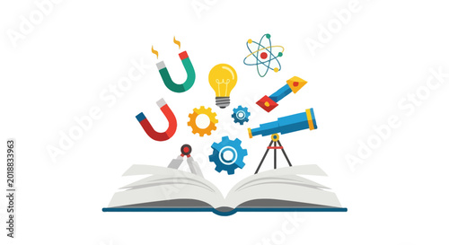 Science and Education Concept Illustration with Open Book and STEM Icons of Atom, Telescope, Magnets, and Lightbulb