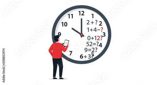 Time Management and Problem Solving Concept Illustration with Man Solving Math Equations on Giant Wall Clock