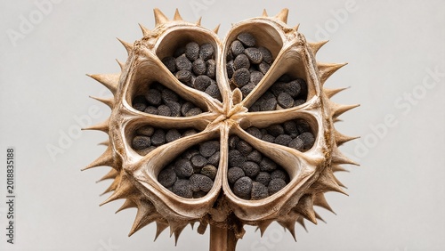 datura. A dried datura seed pod split open, revealing a radial pattern of dark seeds inside. gardening catalogs, home-decor guides, designed for home decor and floral branding, enhances decor appeal.