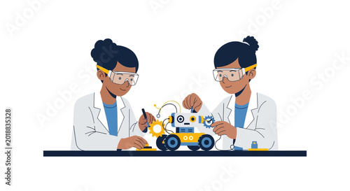 Two young diverse girls building a robot in a science lab, STEM education and robotics engineering concept, flat vector illustration