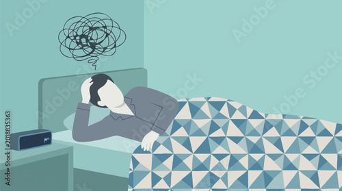 Fotografi Man suffering from insomnia and stress in bed with tangled thoughts at 3 AM