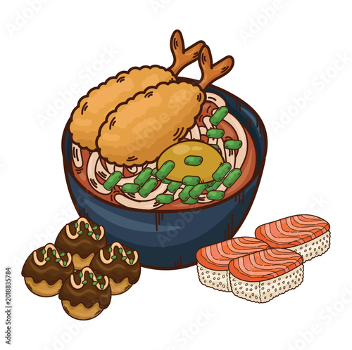 Illustration of udon noodles, sushi and takoyaki, Japanese food, restaurant food, street food, Japanese food icon

