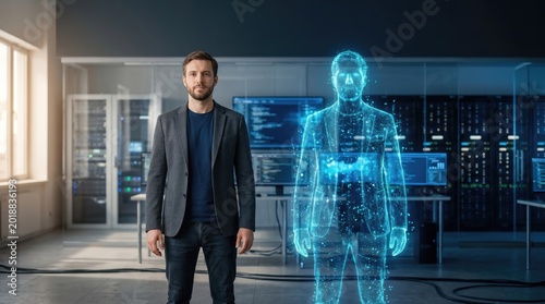 Man and his digital twin hologram in a server room