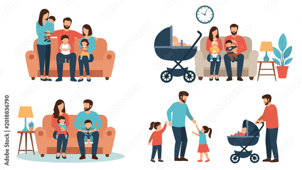 Fototapeta premium Collage showing various happy family scenes including relaxing on sofa, playing with children, and taking walk with stroller.
