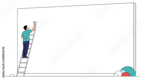 Professional handyman climbing ladder to work on giant blank white billboard or wall representing construction or advertising space.