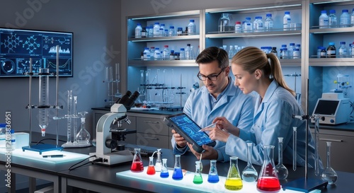 Scientists conducting experiments in a modern laboratory setting