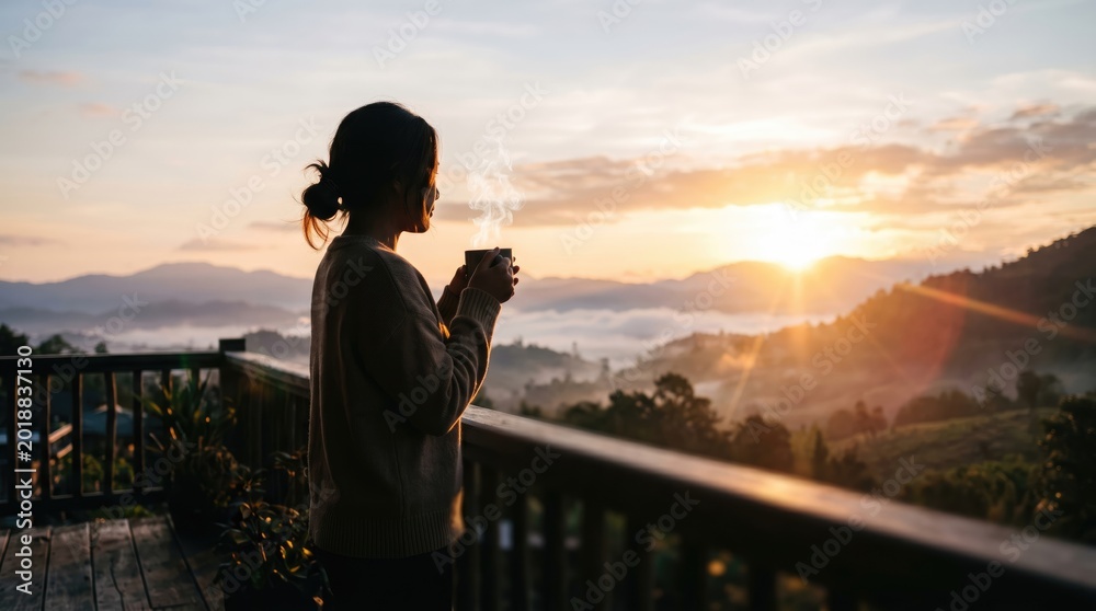 Fototapeta premium Woman enjoys a hot drink on a balcony at sunrise with misty mountains