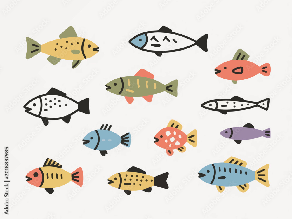 Fototapeta premium Collection of various colorful fish in different shapes and sizes on white background, minimalist flat vector illustration of sea life and aquatic animals