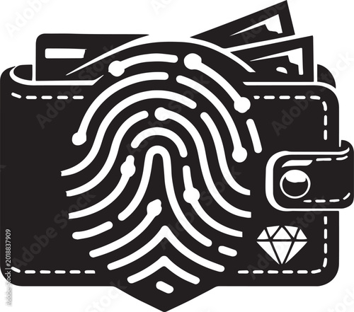 Biometric digital wallet security icon, fingerprint scanner on leather wallet with cash and diamond, secure financial technology vector illustration