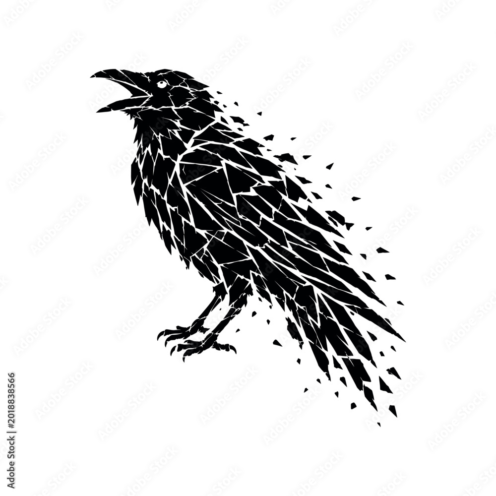 Fototapeta premium Black raven silhouette with geometric shattered glass effect on a white background