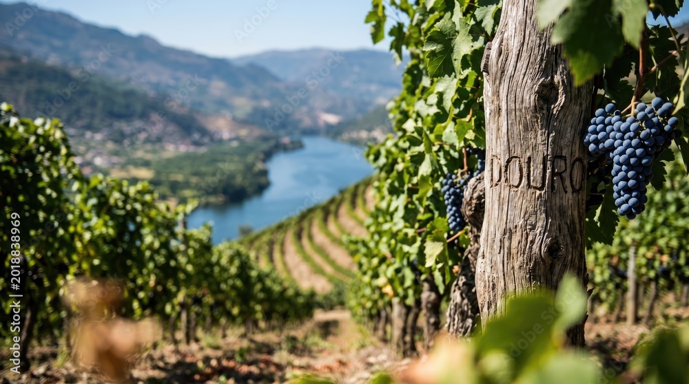 Fototapeta premium Douro Valley vineyard with ripe grapes and Rio Douro in the background