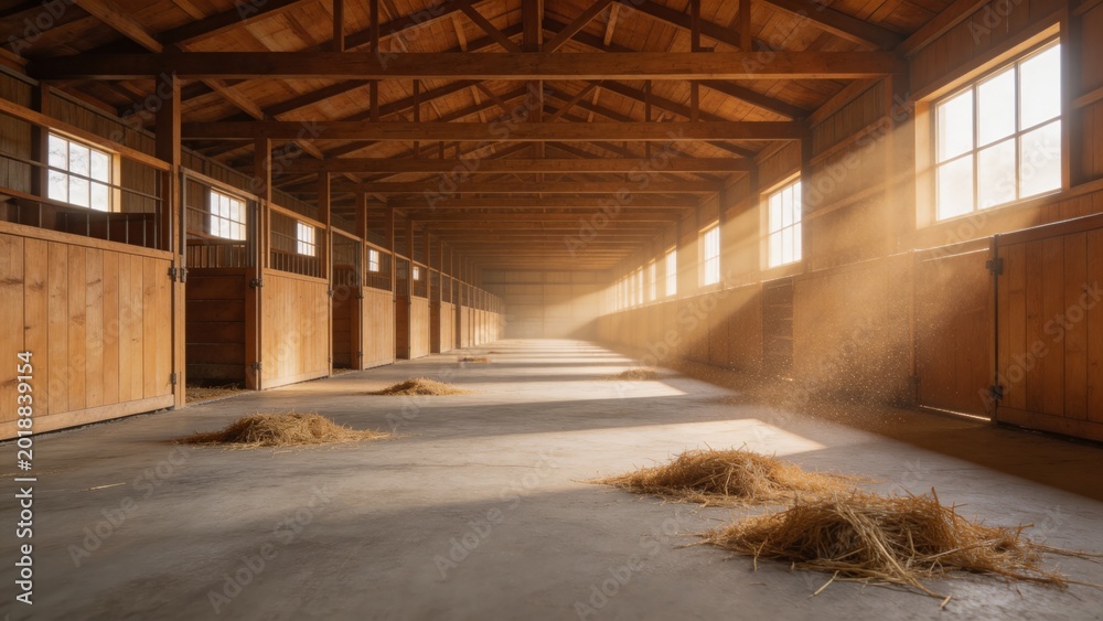 Naklejka premium A serene and peaceful scene of a rustic wooden barn with hay scattered on the floor and sunlight streaming through the windows, creating a warm and cozy atmosphere.