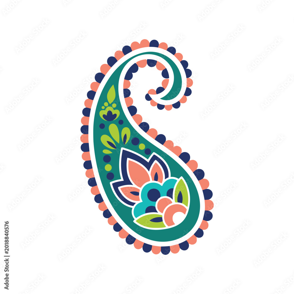 Fototapeta premium Colorful buta paisley floral ornament isolated on white, decorative ethnic motif design
