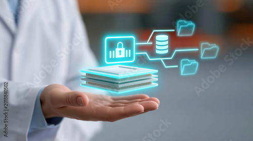 Secure data chip and network diagram glowing over doctor palm conveying protected medical records and cloud storage access